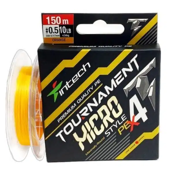 Eine Spule Intech PE Schnur Tournament in Gelb neben Verpackung