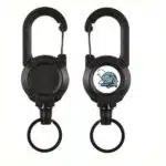 Vorderseite und Rueckseite des Perfect Fishing Zinger Retractor in Schwarz mit Logo
