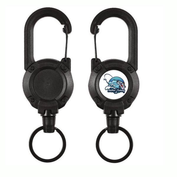 Vorderseite und Rueckseite des Perfect Fishing Zinger Retractor in Schwarz mit Logo